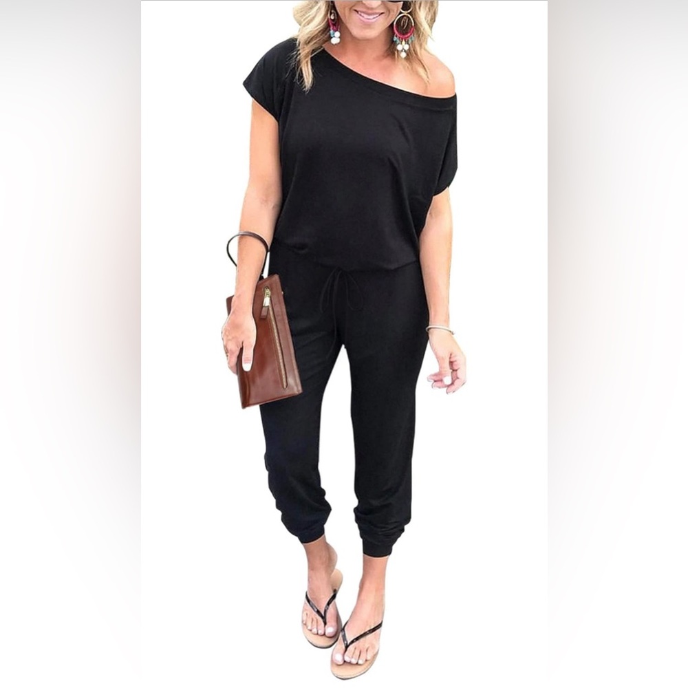 Loose Solid Off Shoulder Elastic Waist Stretchy Long Romper Jumpsuit - Medium